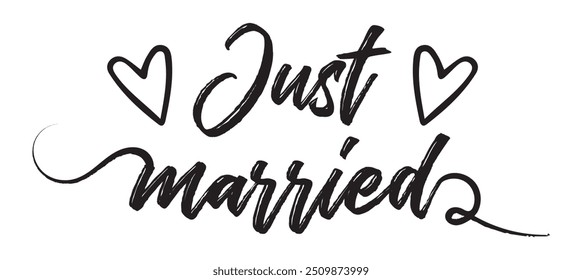 Just Married hand lettering phrase. Vector brush calligraphy text design isolated on white background.