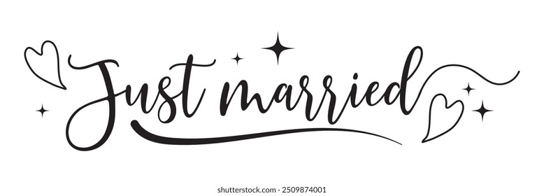 Just Married hand lettering phrase. Vector brush calligraphy text design isolated on white background.