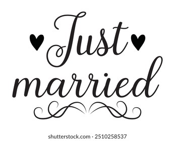 Just Married hand lettering phrase. Vector brush calligraphy text design isolated on white background.