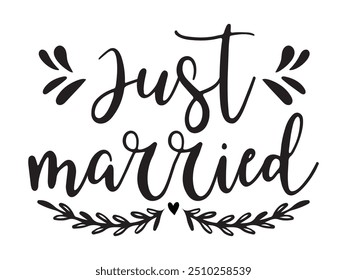 Just Married hand lettering phrase. Vector brush calligraphy text design isolated on white background.