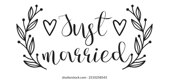 Just Married hand lettering phrase. Vector brush calligraphy text design isolated on white background.