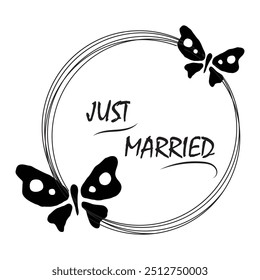 Just Married hand lettering phrase. Vector brush calligraphy text design isolated on white background.