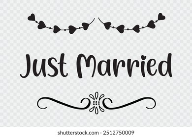 Just Married hand lettering phrase. Vector brush calligraphy text design isolated on white background.