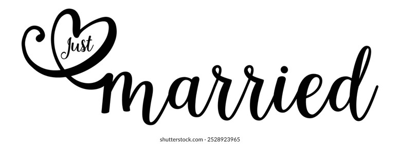 Just Married hand lettering phrase. Vector brush calligraphy text design isolated on white background.