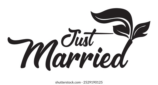 Just Married hand lettering phrase. Vector brush calligraphy text design isolated on white background.