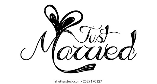 Just Married hand lettering phrase. Vector brush calligraphy text design isolated on white background.