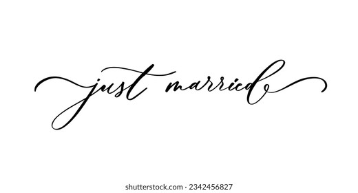 JUST MARRIED hand lettering, vector illustration. Hand drawn lettering card background. Modern handmade calligraphy. Hand drawn lettering element for your design.