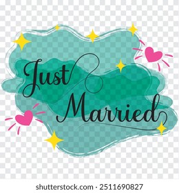 JUST MARRIED hand lettering, vector illustration. Hand drawn lettering card background. Modern handmade calligraphy. Hand drawn lettering element for your design.