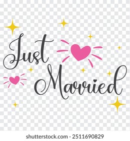 JUST MARRIED hand lettering, vector illustration. Hand drawn lettering card background. Modern handmade calligraphy. Hand drawn lettering element for your design.