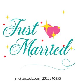 JUST MARRIED hand lettering, vector illustration. Hand drawn lettering card background. Modern handmade calligraphy. Hand drawn lettering element for your design.