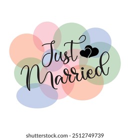 JUST MARRIED hand lettering, vector illustration. Hand drawn lettering card background. Modern handmade calligraphy. Hand drawn lettering element for your design in eps 10