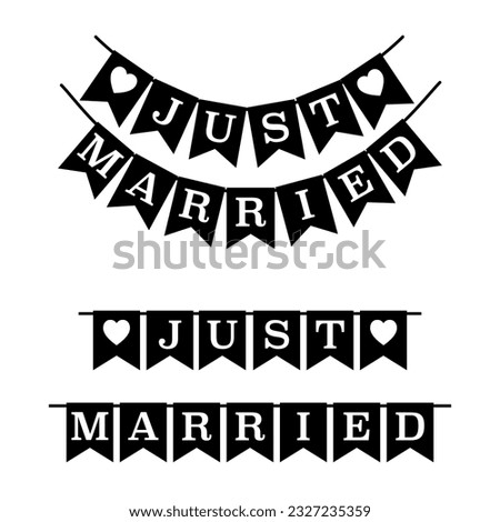 Just Married Hanging wedding decorative flags sign. Wedding invitation card. Vintage style. Black and white. Vector illustration.