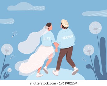 Just married happy couple flat color vector illustration. Bride and groom holding hands. Young wife and husband together back view 2D cartoon characters with blue sky and flowers on background