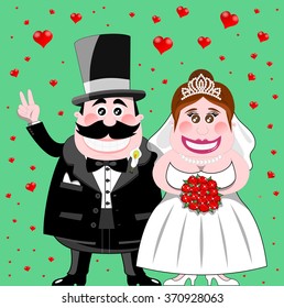 just married happy fat cartoon isolated on love background