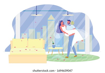 Just Married Happy Loving Hewlyweds in Hotel Room for Honeymooner. Husband Hold Wife on Hand. Scattered Pink Petal Decoration, Champagne, Ice and Glasses on Table. Wedding Night. Vector Illustration