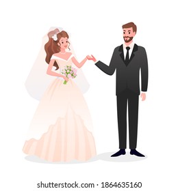 just married happy man woman characters standing together, cute romantic bride and groom holding hands on wedding day party celebration isolated on white. Couple wedding vector illustration