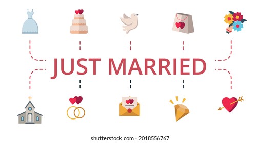 Just Married icon set. Contains editable icons theme such as wedding cake, dove, diamond and more.