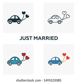 Just Married icon set. Four elements in diferent styles from honeymoon icons collection. Creative just married icons filled, outline, colored and flat symbols.