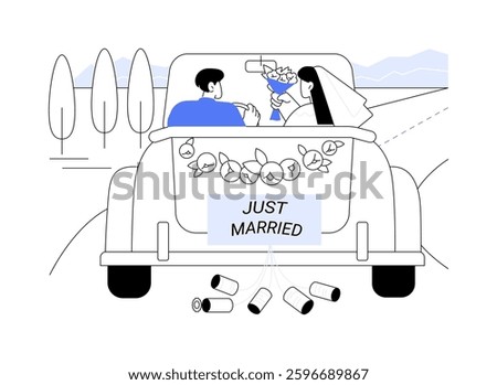 Just married isolated cartoon vector illustrations. Smiling bride and groom sitting in just married car, wedding day, romantic relationship, new family, happy couple vector cartoon.