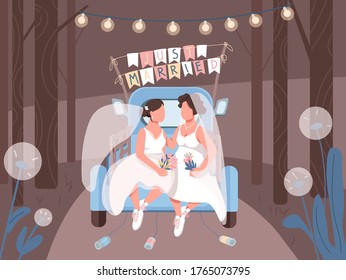 Just married lesbian couple in car flat color vector illustration. Young happy LGBTQ family first adventure. Wives honeymoon trip. 2D cartoon characters with vehicle and forest on background