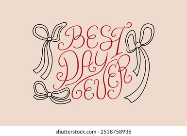 Just married lettering quote and ribbons. Vector illustration of calligraphy hand drawn phrase and bows around. Clipart for greeting cards and wedding invitations