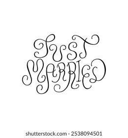 Just married lettering quote. Vector illustration of calligraphy hand drawn phrase. Clipart for greeting cards and wedding invitations