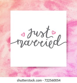 just married lettering, vector card with handwritten text