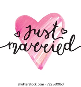 just married lettering, vector card with handwritten text