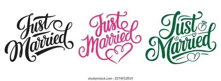 JUST MARRIED lettering, vector illustration. JUST MARRIED lettering card background. Modern handmade calligraphy about JUST MARRIED