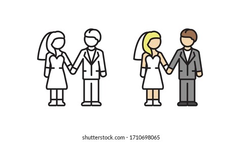 Just married linear icon. Vector illustration of a bride and bridegroom in a flat style.