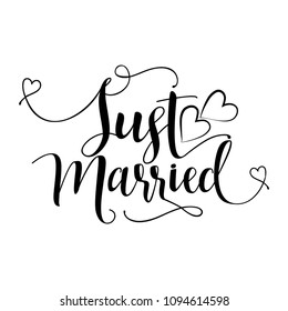 Just Married - lovely vector typography with hearts. Good for wedding decorations, cards, invitations.