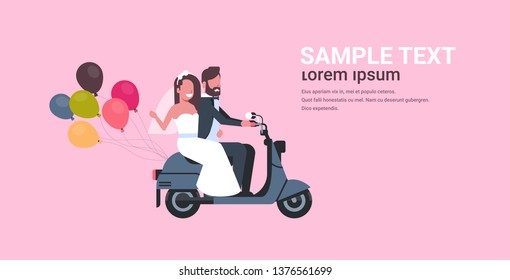 just married man woman riding motor scooter with colorful balloons romantic couple bride and groom having fun wedding day concept pink background copy space full length horizontal flat