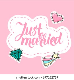 Just married modern calligraphy sticker with diamond, heart and star icons.