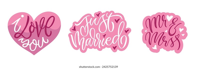 Just married, Mr and Mrs - our wedding - lettering art set. 100% vector image.