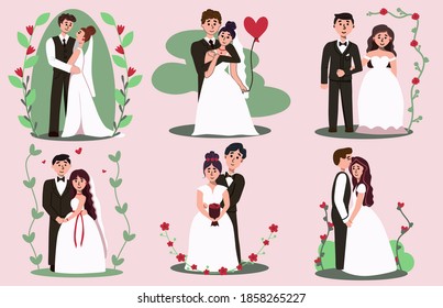 Just married newlywed happy bride and groom portrait set. Newly husband and wife hugging, posing together in bridal suit and gown for wedding photo vector illustration isolated on white background