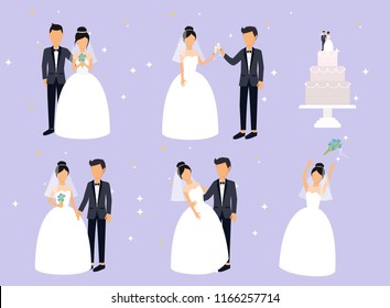 Just married , newlyweds, bride and groom set. Bride and groom. Wedding design. Vector illustration.