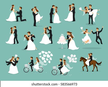 Just married, newlyweds, bride and groom set. Happy Couple celebrating marriage, dancing, kissing, hugging, holding each other in arms, cut cake, riding bike and horse, jumping after ceremony