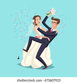 Just married , newlyweds, bride and groom. Happy Couple celebrating marriage, dancing,  jumping after ceremony