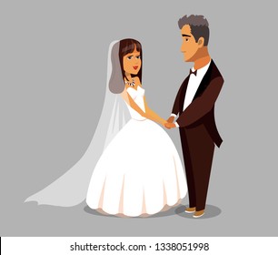 Just Married, Newlyweds Cartoon Design Element. Young Wife And Elderly Husband. Bride Vector Character. Grey Haired Groom Flat Drawing. Age Gap, Wedding Ceremony Vector Clipart. Daughter And Father