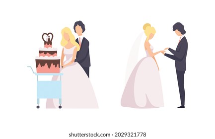Just Married Newlyweds Set, Happy Couple Celebrating Marriage, Bride and Groom Cutting Wedding Cake Flat Vector Illustration