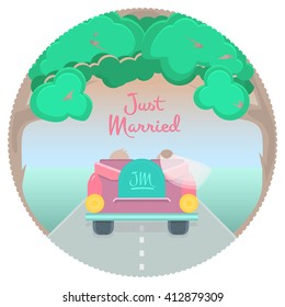 Just married newlyweds travel by car to their honeymoon at sunset. Vector color illustration in the flat style.