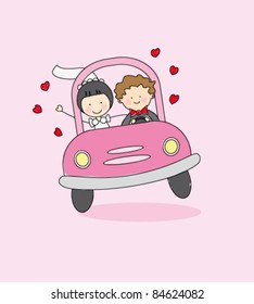 Just married on car driving to their honeymoon