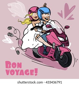Just married on motobike. Happy wedding greeting card. Vector illustration