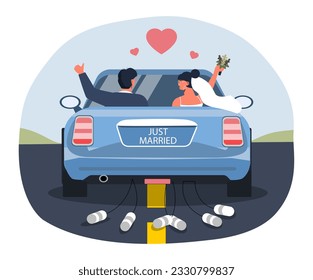 Just married people at car concept. Back view at man and woman, bride and groom at automobile. Wedding ceremony and marriage. Love and romantic relationships. Cartoon flat vector illustration