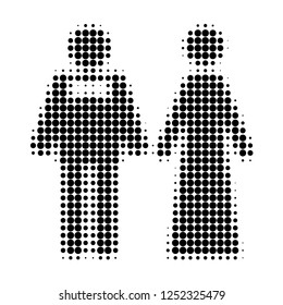 Just married persons halftone dotted icon. Halftone array contains circle elements. Vector illustration of just married persons icon on a white background.