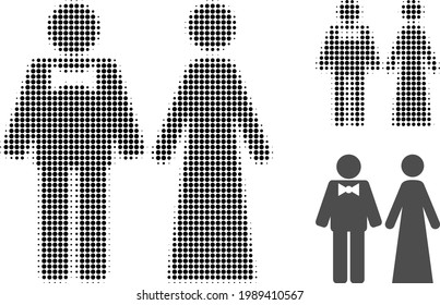 Just married persons halftone dotted icon. Halftone array contains round dots. Vector illustration of just married persons icon on a white background.