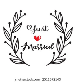 Just married postcard. Hand drawn brush style modern calligraphy. Vector illustration of handwritten lettering.