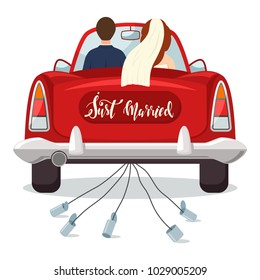 Just married red car with the bride and groom. Wedding vector illustration with a newlywed couple isolated on a white background.