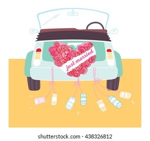 Just married. Retro Car with just married sign. Wedding car. Vector illustration. 