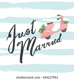 just married. retro card. pastel shades. wedding invitation. motorcycle.